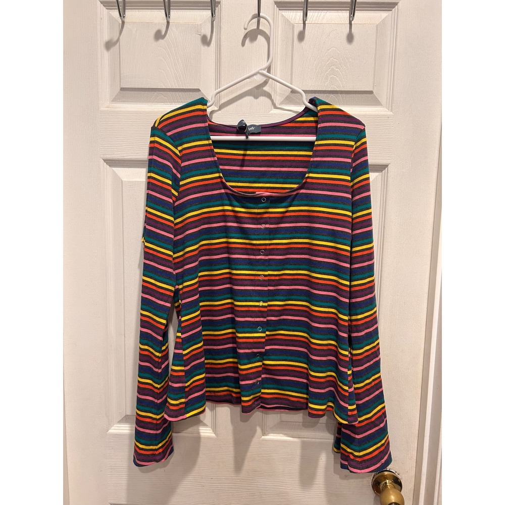 ModCloth Womens 1X Rainbow Striped Ribbed Knit Bell Sleeve Top Retro Indie Boho